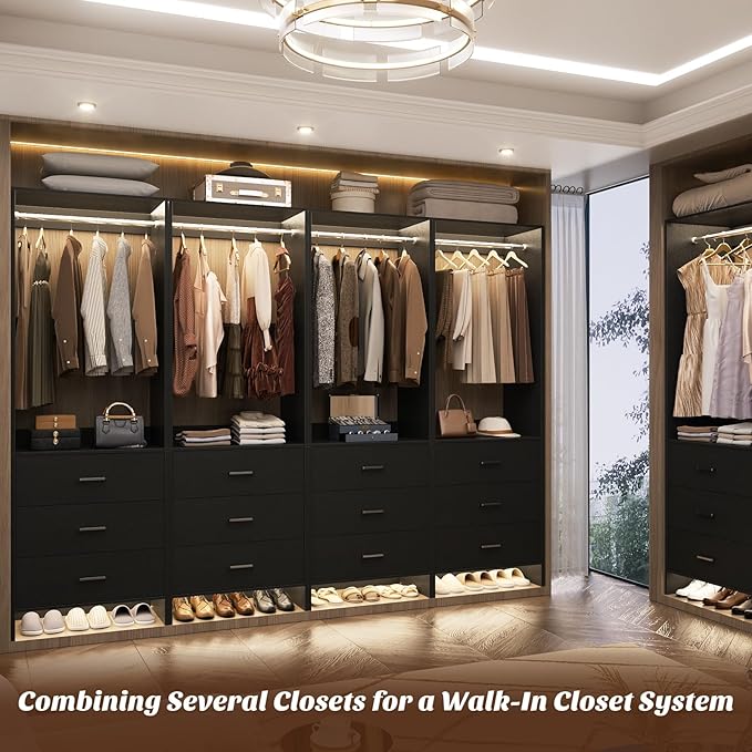 Aheaplus 2FT Closet System with 3 Drawers, 24’’ Closet Organizer, Wood Closet Organizer System, Walk-in Closet or Small Closets Wardrobe, Clothes Rack with Hanging Rods,-E7, Black