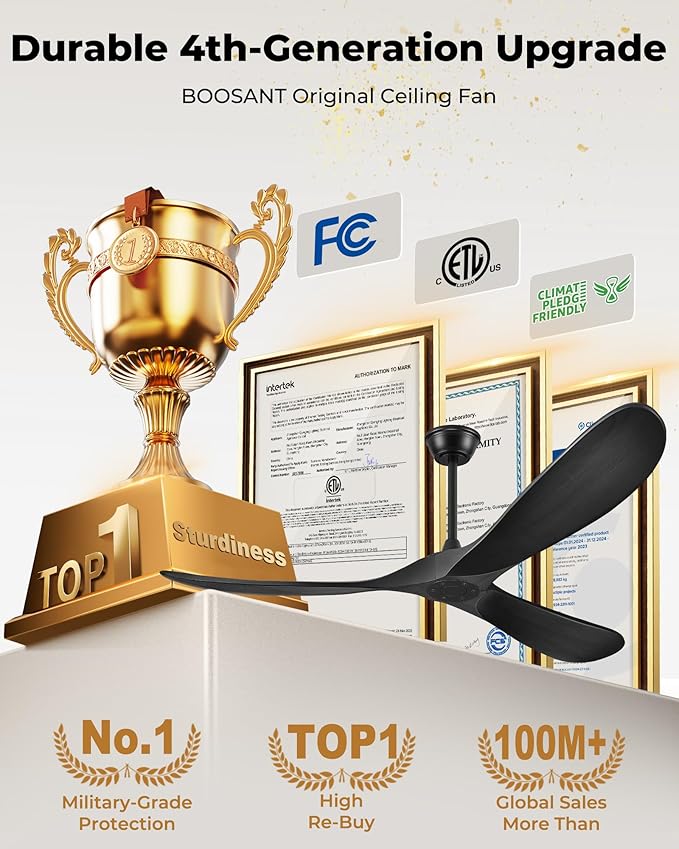 60" Ceiling Fans Without Light, Solid Wood Ceiling Fan with Remote Control and Quiet DC Motor, Ceiling Fan no Light 3 Blades, Outdoor Ceiling Fans for Patios without Lights