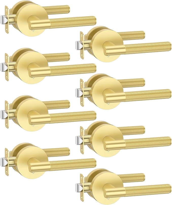 Asidrama 8 Pack Privacy Gold Door Handles, Door Lever with Door Knobs Indoor for Bedroom or Bathroom, Heavy Duty Brushed Gold Door Handles Interior with Locks for Left Right Sided Doors