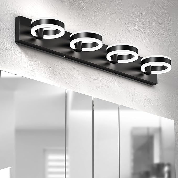LED Bathroom Light Fixtures, 33inch Black Vanity Lights, Modern 4 Light Acrylic Wall Sconces, 350° Rotatable Wall Lighting Fixture Over Mirror