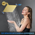 Shower Faucet Set, 10" Ceiling Mount Rainfall Shower System with 2 Rain Shower Head and Multi-function Handheld Head Push Button Diverter Shower Faucet Trim Kit Brushed Gold