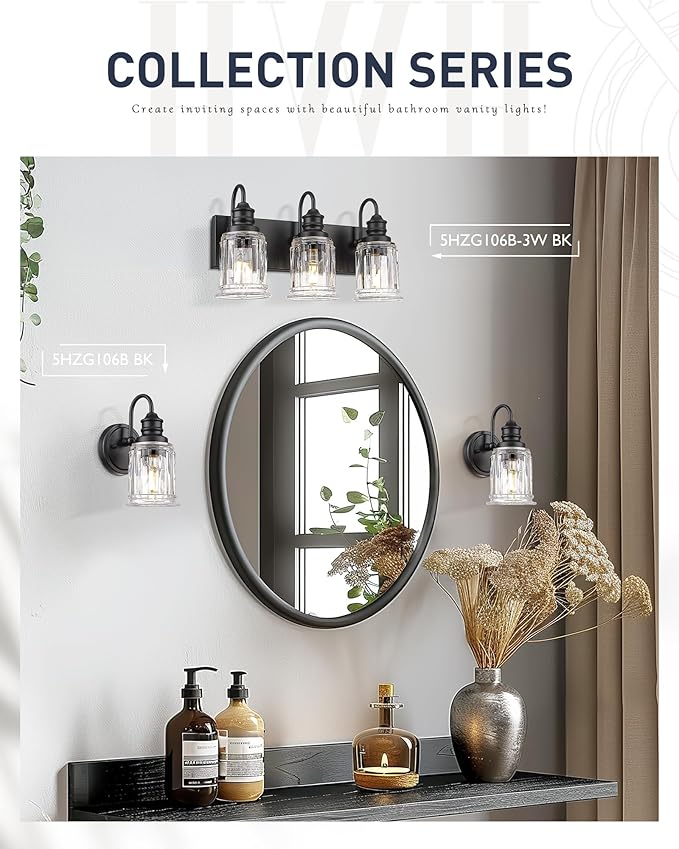 HWH Wall Sconces Set of 2, 1-Light Matte Black Bathroom Light Fixtures, Modern Single Vanity Light Wall Lamp with Bell-Shaped Clear Glass, 5HZG106B-2 BK