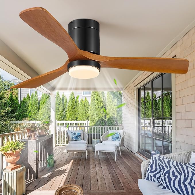 60 Inch Ceiling Fans with Lights Remote, 60" Flush Mount Outdoor Ceiling Fan Exterior Ceiling Fan, 3 Wood Blades, 6 Speeds, Timer, Quiet DC Motor Modern Low Profile Fans for Patio Porch