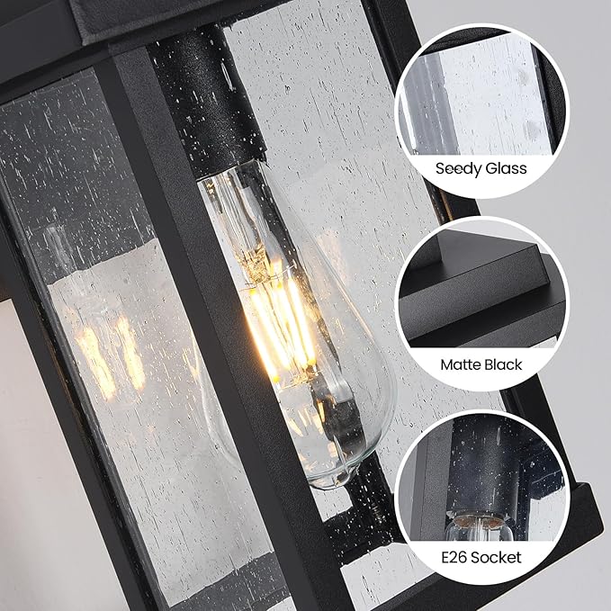 Black Exterior Light Fixtures 2 Pack, Farmhouse Outdoor Wall Sconce, Modern Front Porch Light with Seeded Glass for House Patio Garage Entrace