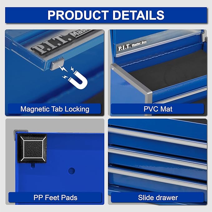 P.I.T. Mini Blue Tool Box, Portable 3 Drawer Steel Stackable Tool Box with Magnetic Tab Locking, Blue Micro Top Chest with Liner for Tools Storage and Organizers, Home DIY