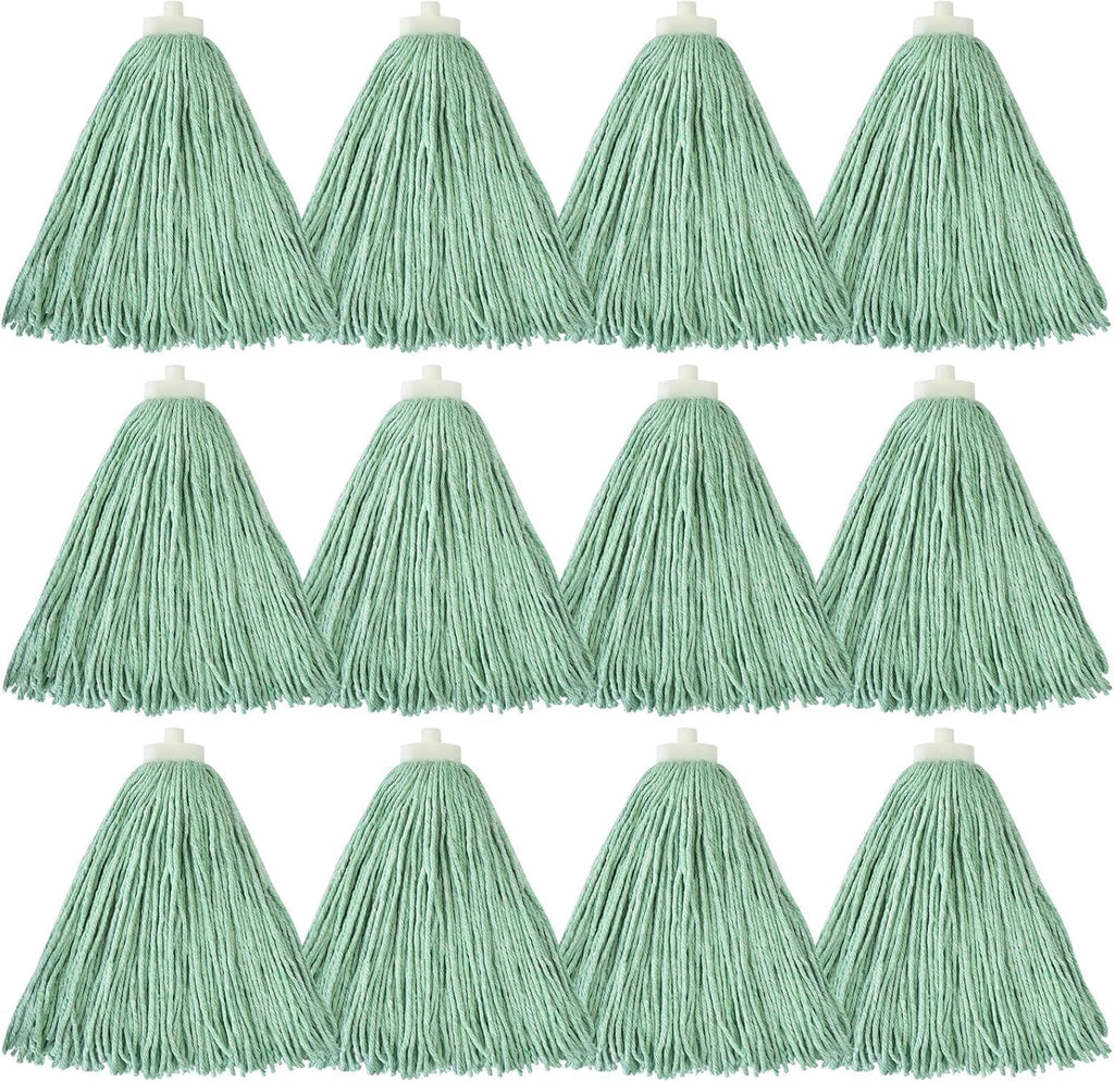 Matthew Cleaning Screw-on Heavy Duty Cotton Wet Mop Replacement Heads(Green, Medium,12 Pack) with 2 Pack Microfiber Cloth for Residential & Commercial Floor Cleaning Use- Fit Standard American Screw