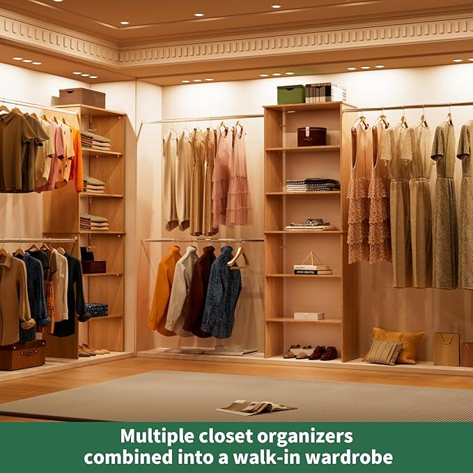 Closet System, 22.5" Wide Organizer with 3 Hanging Rods, Wood Tower Storage for Walk In Closets, Wall Mounted Wardrobe Organizer Kit, Bedroom, Fit Space 6-10 ft