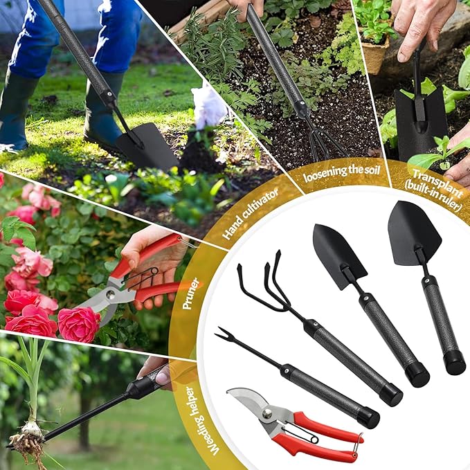 Garden Tool Set with Extended Long Handle, 5 Pieces Stainless Steel Gardening Tool Kit, Gifts for Parents and Kids Including Trowels, Hand rake, Weeder, Pruning Shears for Weeding Planting