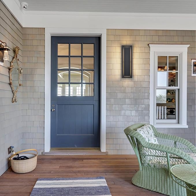 tewei 2 Pack LED Outdoor Wall Lights, 15.7'' Modern Outdoor Indoor Wall Sconce Large Exterior Lighting Fixtures Outside Front Door Lights for House, Hallway, Warm White 3000K, Black with Gold Finish