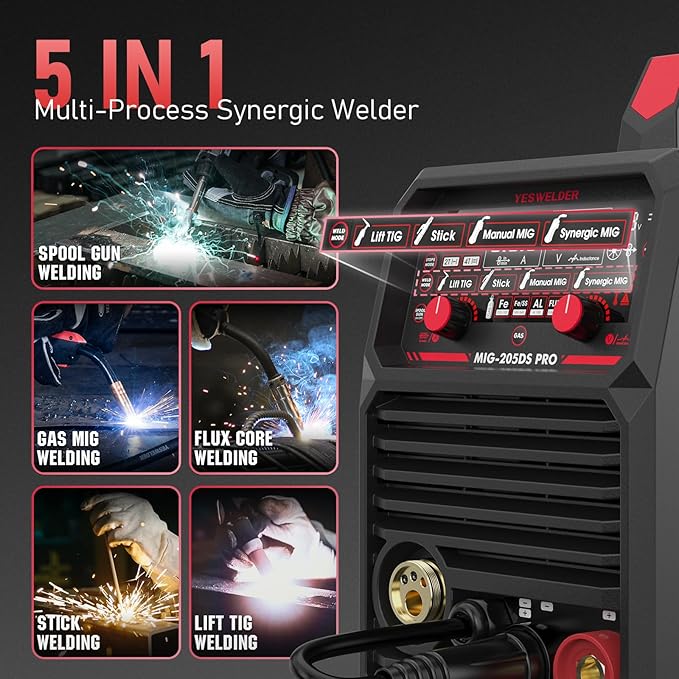 YESWELDER MIG-205DS PRO MIG Welder, 200Amp 110/220V Dual Voltage MIG Welding Machine, 5 in 1 Gas MIG/Flux Core MIG/Spool Gun MIG/Lift TIG/Stick Multiprocess Aluminum MIG Welder, Spool Gun Compatible