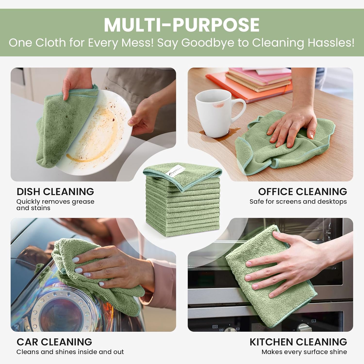 Microfiber Cleaning Cloth, 12 Pack Green Cleaning Rags for Housekeeping, Reusable Microfiber Towels for Car, Kitchen, Bathroom and Household Cleaning Supplies, 11.8"X11.8"