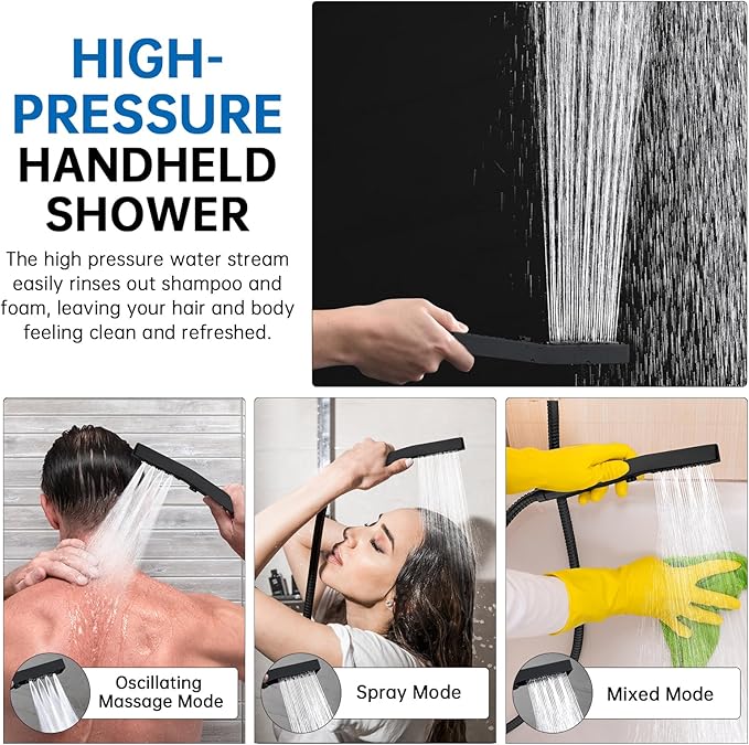 G-Promise All Metal 12 Inch Shower Head with Massage Mode Handheld, Rain Shower Head with Handheld Spray Combo, 3-Way Diverter with Pause Setting, 11 Inch Adjustable Extension Arm (Matte Black)