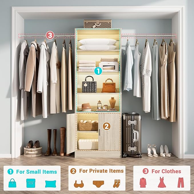 8FT Closet System, 96 Inch Closet Organizer System with Hanging Rods, Heavy Duty Clothing Rack with Cabinet, Walk In Mounted Closet System, Built-In Clothes Garment Rack, Oak