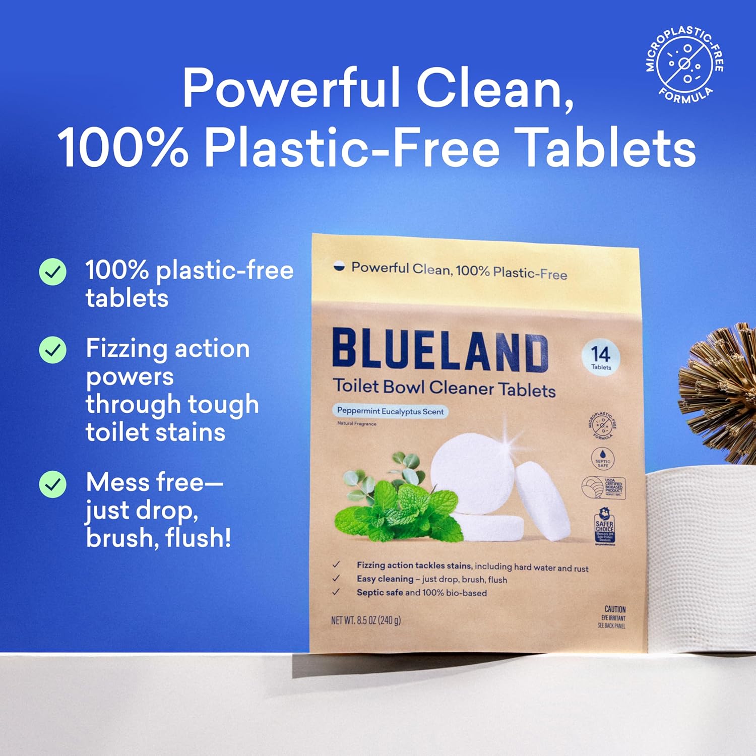 BLUELAND Toilet Bowl Cleaner Tablets, 2-Pack, 28 Count, Peppermint Eucalyptus, Plastic-Free, No Harsh Chemicals, Plant-Based