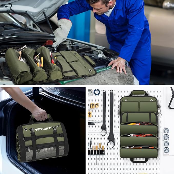 Tool Roll Up Bag, Gifts for Men Dad Husband Him, 1680D Portable Tool Storage for Men, Heavy Duty Tool Organizer with Detachable Pouches&Wrench Roll for Mechanic