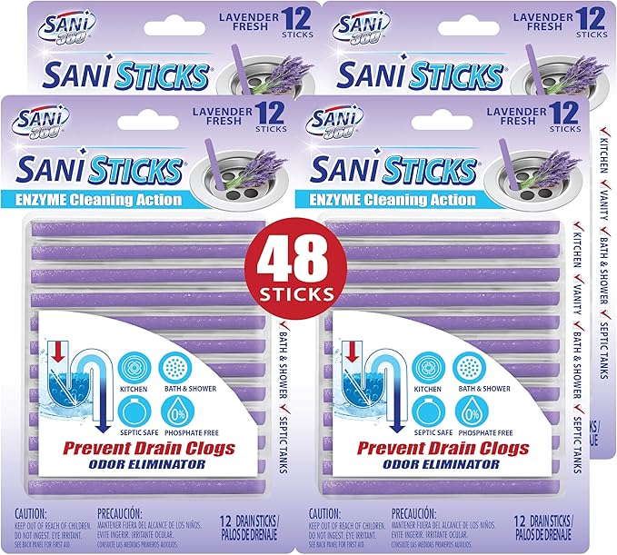 SANI 360° Sani Sticks Drain Cleaner and Deodorizer, 48 Count, Lavender Scent Enzyme Pipe Cleaners, Eliminate Odors, Prevent Clogged Drains, Safe for Sinks, Bathtub Drains, Septic Tanks