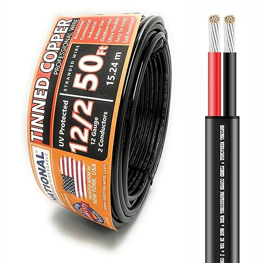 National Wire&Cable - 12/2 Tinned Copper Professional Wire (50 Feet) 12 AWG Gauge Stranded PVC Cord - 2 Conductor Electrical Wire - Made in USA - CL Rated/ETL Listed - Automotive, Low Voltage Cable