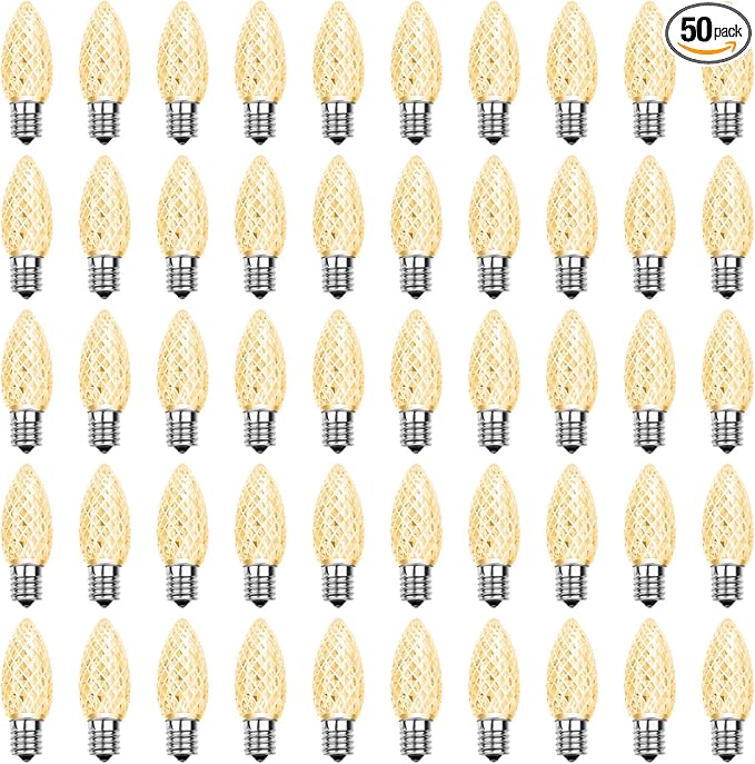Meconard C9 Led Replacement Christmas Light Bulbs, C9 Shatterproof Led Bulbs for Christmas Indoor Outdoor String Lights,E17 Intermediate Base, Commercial Grade Holiday Bulbs, Warm White, 50Pack
