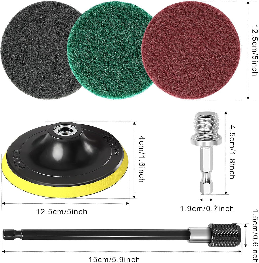 Power Scrub Pads Drill Attachment, GOH DODD 15 Pieces 5 Inch Headlight Restoration Kit Cleaning Kit Scouring Pads with Baker and Universal Shaft for Kitchen, Bathroom, Grout, Carpet, Tub, Grill, Tile