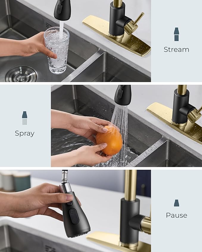 FORIOUS Kitchen Faucets with Pull Down Sprayer, High Arc Single Handle Classic Stainless Steel Sink Faucet 1 or 3 Hole, Suitable for Farmhouse Camper Laundry Rv Bar, Black Gold
