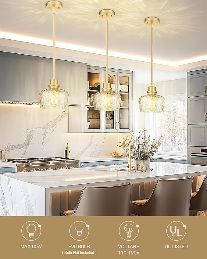 Emak Gold Pendant Lights Kitchen Island, 8 Inch Hammered Glass Pendant Light Fixtures, Modern Hanging Lights for Kitchen,Dining Room, Bathroom, PL122-GD-HG