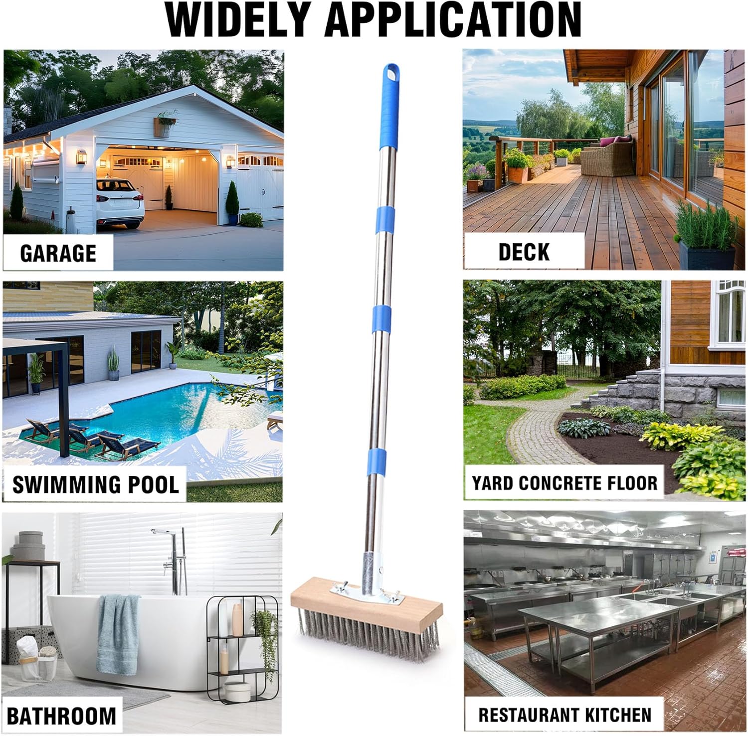 Stainless Steel Wire Scrub Brush with 63" Long Handle, 2PCS 12" Brush Heads, Heavy Duty Large Wire Brush, Stiff Metal Bristle Floor Scrubber, Patio Floor Cleaning, Wire Broom for Concrete, Deck, Moss