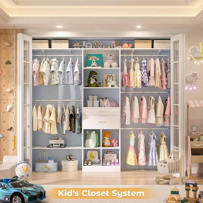 Closet System - 8FT Closet Organizer System with Wooden Drawers, 96" Closet Systems for Walk-In Closets with Cuttable Hanging Shelving, White