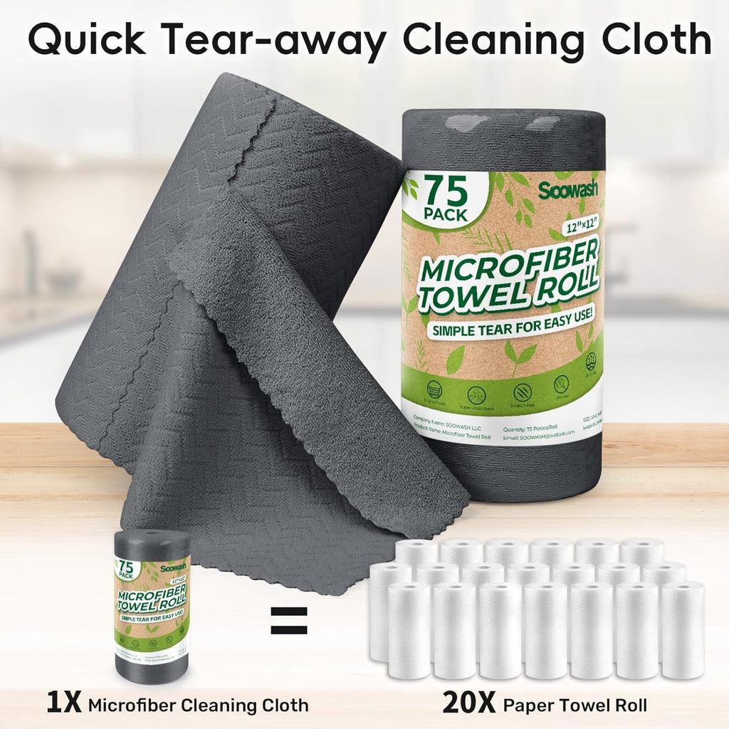 Microfiber Cleaning Cloths Roll, 75 Pack Tear Away Microfiber Towels Roll, 12" x 12" Lint Free Rags, Reusable Cleaning Cloths,Washable,Scratch Free,Ultra Absorbent Dish Rags(Dark Grey Ripple)