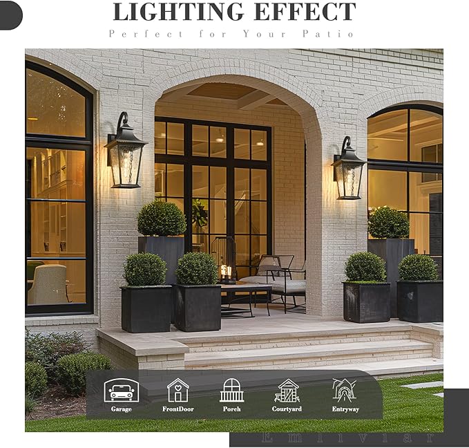 Emliviar 25 Inch Exterior Lighting Fixture, Black Outside Lights for House, Outdoor Wall Lantern with Water Ripple Glass, XE220B-SW BK