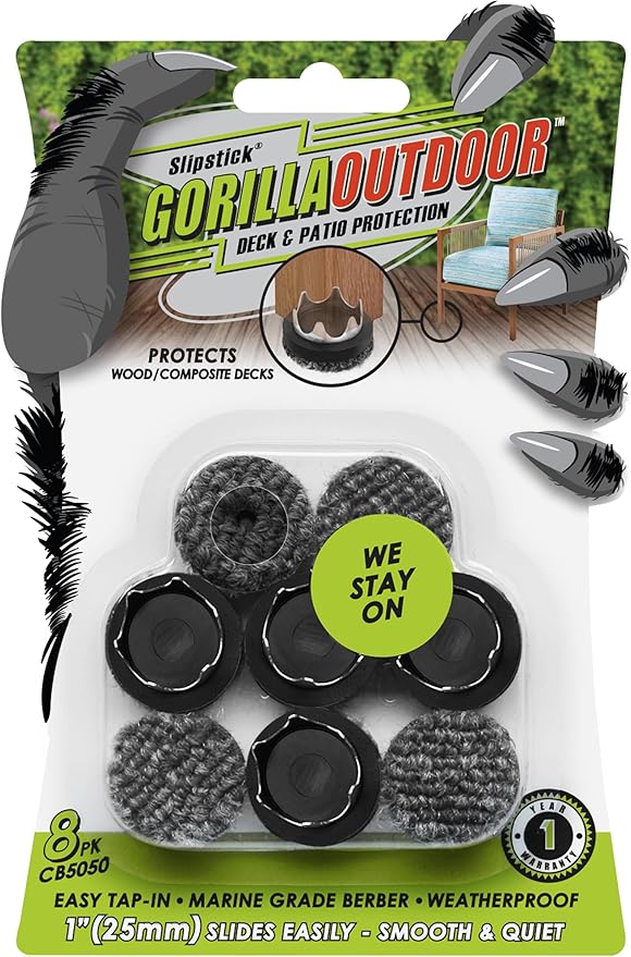 Gorilla Outdoor 1 inch Furniture Feet Floor Protectors/Weatherproof Berber Glides (Set of 8) Hammer On Furniture Pads for Outdoor & Indoor Use
