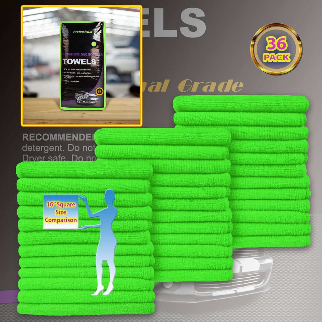 Blue Horizon Large Microfiber Cleaning Towels, 36-Pack Wash Cloths, Ultra Soft Plush Microfiber Cleaning Cloth, Products (Green, 16" X 16")