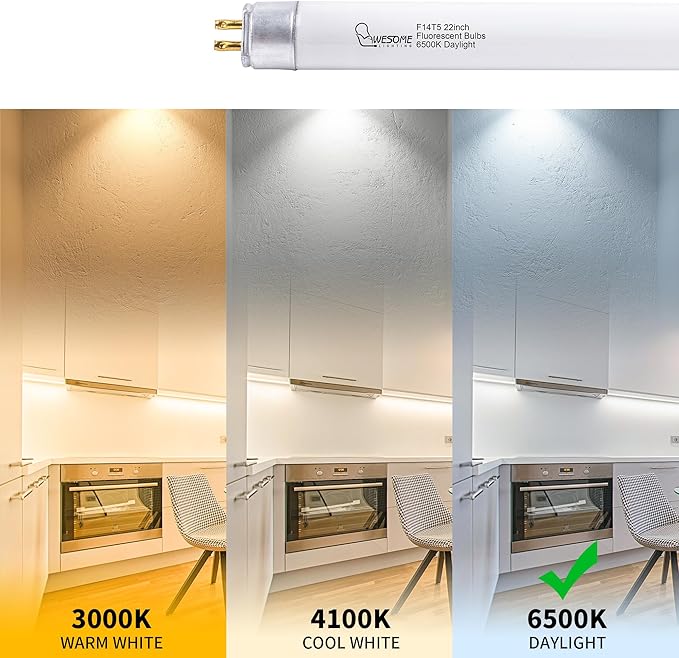 22 Inch F14T5/DL Fluorescent Light Bulb, 6500K Daylight, T5 14 Watts Fluorescent Replacement Bulb for Counter and Cabinet Fixture, G5 Base - 6 Pack