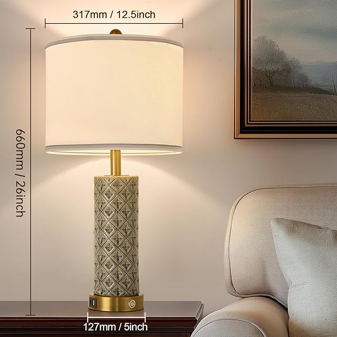 Set of 2 Table Lamp for Living Room Bedroom Farmhouse,26'' Touch Control Bedroom Smoke Grey Ceramic Lamps 3-Way Dimmable Bedside Lamps with USB A+C Ports Linen Shade for Home