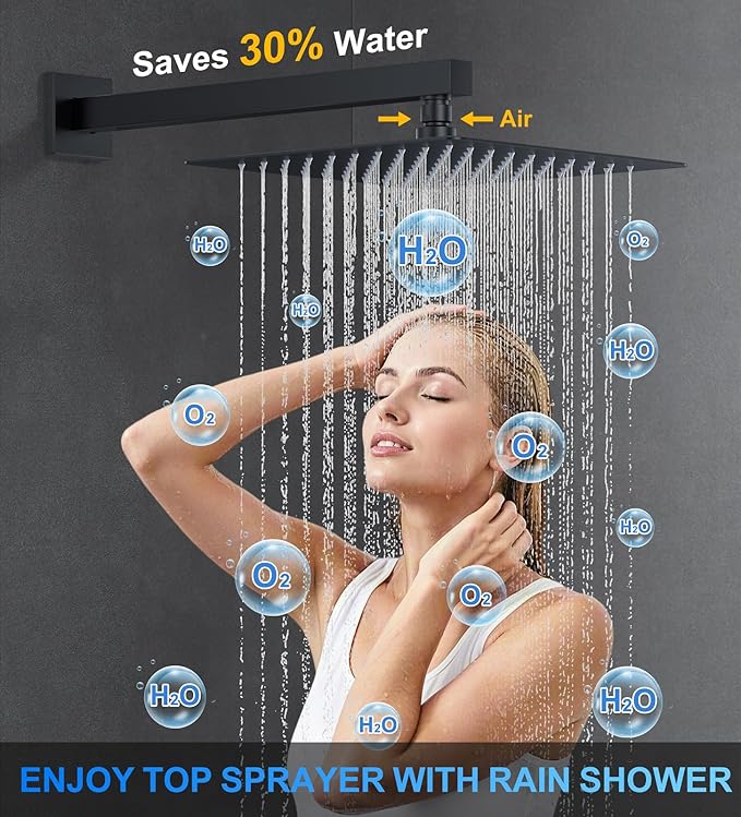 Shower Faucet Set, 10" Wall Mount Rainfall Shower System with 2 Rain Shower Head and Multi-function Handheld Head Push Button Diverter Shower Faucet Trim Kit Matte Black
