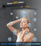Shower Faucet Set, 10" Wall Mount Rainfall Shower System with 2 Rain Shower Head and Multi-function Handheld Head Push Button Diverter Shower Faucet Trim Kit Matte Black