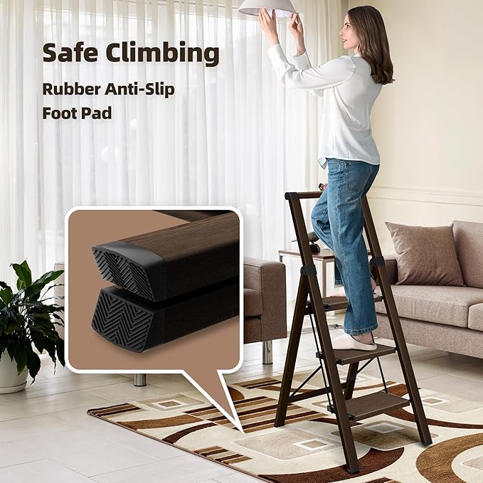 HillhutApex 3 Step Foldable Aluminum Step Ladder with Handgrip, Anti-Slip Pedal, 330lbs Capacity, Lightweight & Portable for Home, Kitchen, Office, Garage (Walnut)