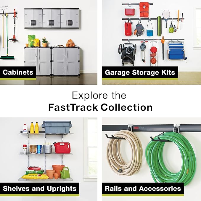 Rubbermaid 20-Piece FastTrack Garage Wall-Mounted Storage Kit 5 Rails and 15 Hooks for Home/House/Tool/Sports/Utility Purposes