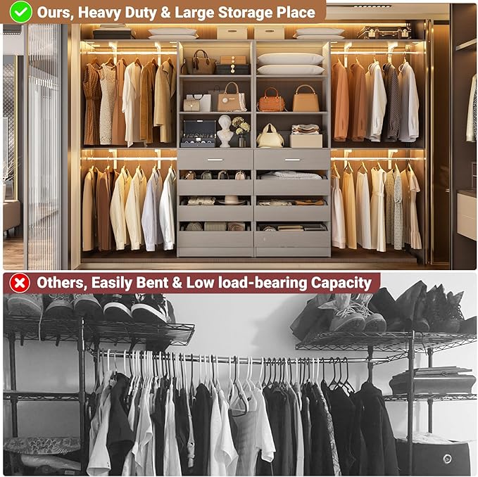 Aheaplus Closet System with 8 Wooden Drawers, Wood Closet Organizer System with Tower, Walk-in Closet Organizer Wardrobe Clothes Rack with 4 Hanging Rods, Garment Rack, Cut to Fit 7-12Ft, Grey