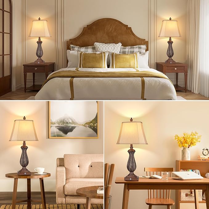3-Way Dimmable Table Lamps for Bedrooms Set of 2, 30" H Touch Lamps for Living Room with USB & Type-C Ports, Brown Mermaid Bedside Lamp for Nightstand, Resin Farmhouse Rustic Lamp with 2 Bulb