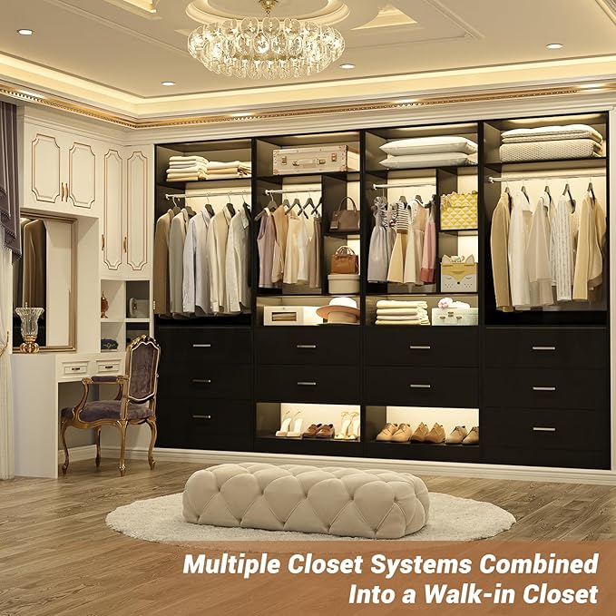4FT Closet Systems with 5 Wood Drawers, 48 Inch Closet Organizer System with 2 Hanging Rods & 7 Shelves, Heavy Duty 48" Walk-in Closet, Black (48"L x 15" W x 80" H)