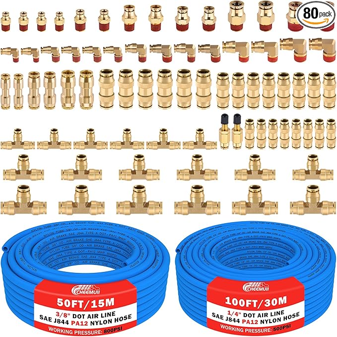 CheeMuii 76 PCS Brass DOT Air Line Fittings with 100FT 1/4" and 50FT 3/8" Blue DOT Air Lines Kit Push Lock Air Line Quick Connect Fittings with Pneumatic Tubing Set