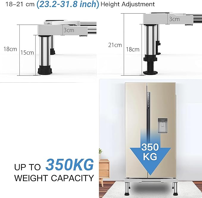 SEISSO Mini Fridge Stand Adjust Height 7"-8.2"-Large Adjustable Washing Machine Stand with 4 Adjutable Feet, Load Capacity 770LB. Refrigerator Stand, Washer and Dryer Pedestals Stand for Home Appliance Width 23"-32"