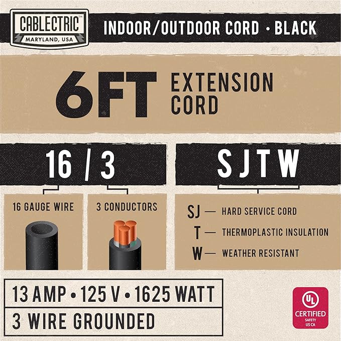 6 Foot Outdoor Extension Cord - 16/3 SJTW Black 16 Gauge Electrical Cable with 3 Prong Grounded Plug