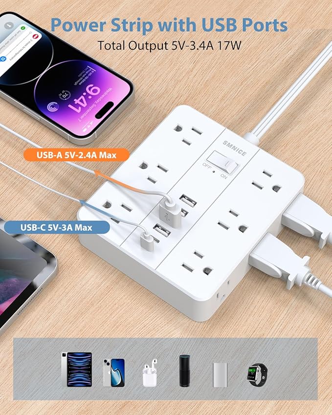Power Strip Surge Protector 10ft Extension Cord,SMNICE Flat Plug with 12 Outlets 6 USB(2 USB C),Surge Protector Charging Station with Overload Protection for Home, Dorm,Office
