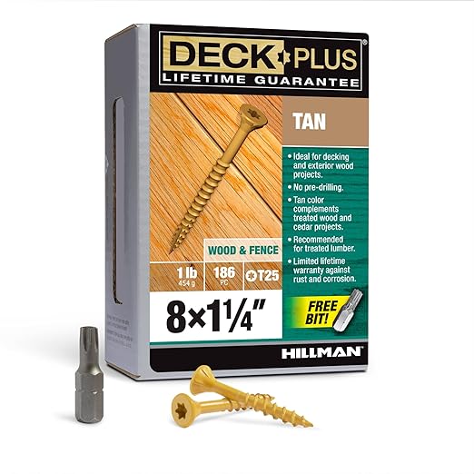 Deck Plus 1-1/4 Inch Epoxy Coated Exterior Wood and Fence Screws #8 x 1-1/4" Torx/Star Drive Included Coarse Thread, Outdoor Rust Resistant Decking Screw, Tan, 1lb Box, 3500 Pieces | 48410