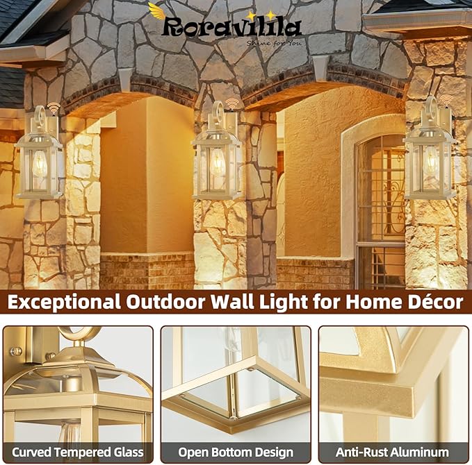 Dusk to Dawn Gold Porch Light 2-Pack 15 Inch, Aluminum Anti-Rust Large Outdoor Wall Lanterns with IP65 Waterproof Clear Glass Brass Outdoor Lights for House Photocell Patio Carriage Lights