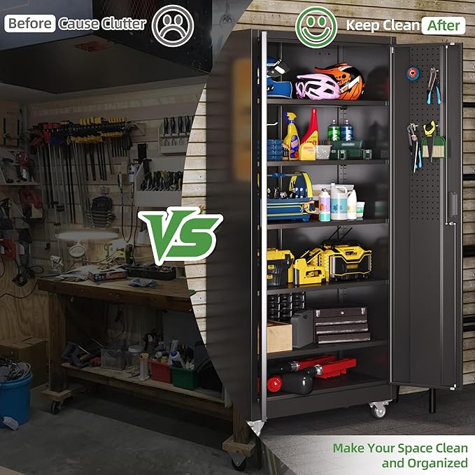 Metal Storage Cabinet with Wheels and Pegboard,71" H x 32" W x 16" D Garage Storage Cabinet with 2 Doors and 5 Adjustable Shelves for Garage, Home, Warehouse, Closet, Assembly Required, Black