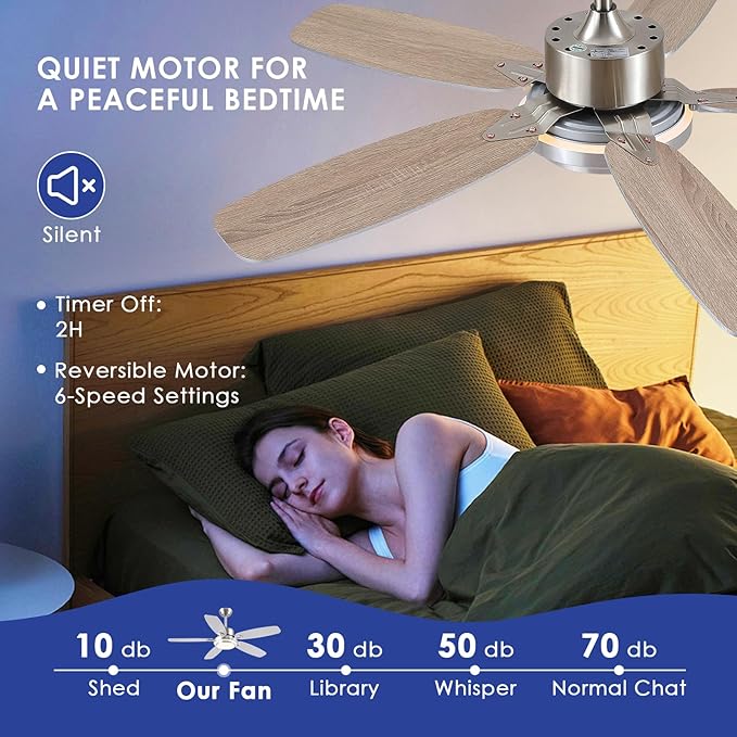 50inch Brushed Nickel Ceiling Fan with Light - Quiet Reversible DC Motor 5 Dual-Finish Blades Dimmable 3-Color LED for Bedroom Living Room Indoor