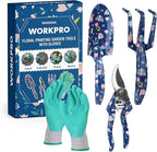WORKPRO Aluminum Garden Tool Set, 4PCS Heavy Duty Hand Garden Tools with Box Include Trowel, Rake, Pruner, Garden Gloves, Floral and Insect Printing, Garden Gifts