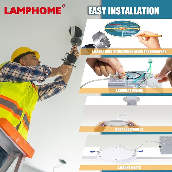 LAMPHOME 12-Pack of 8-Inch Slim LED Recessed Lights with Junction Box, Adjustable Color Temperatures (2700K-5000K), 18W Equivalent to 125W, Dimmable, 1600LM Brightness - ETL and Energy Star Certified